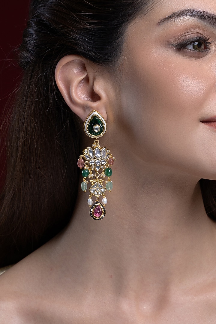 Gold Finish Kundan Polki & Multi-Colored Stone Dangler Earrings by Joules By Radhika at Pernia's Pop Up Shop