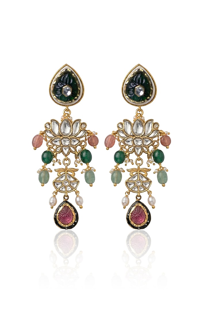 Gold Finish Kundan Polki & Multi-Colored Stone Dangler Earrings by Joules By Radhika at Pernia's Pop Up Shop