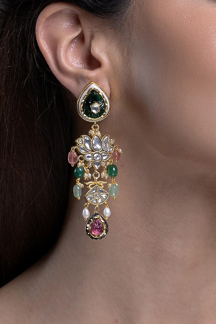 Gold Finish Kundan Polki & Multi-Colored Stone Dangler Earrings by Joules By Radhika at Pernia's Pop Up Shop