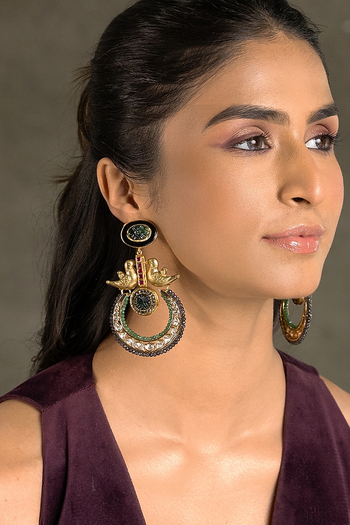Gold Finish Kundan Polki & Green Stone Chandbali Earrings by Joules By Radhika at Pernia's Pop Up Shop