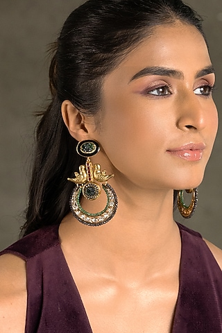 Gold Finish Kundan Polki & Green Stone Chandbali Earrings by Joules By Radhika