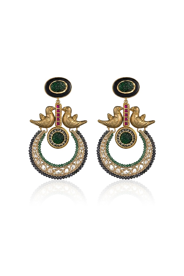 Gold Finish Kundan Polki & Green Stone Chandbali Earrings by Joules By Radhika at Pernia's Pop Up Shop