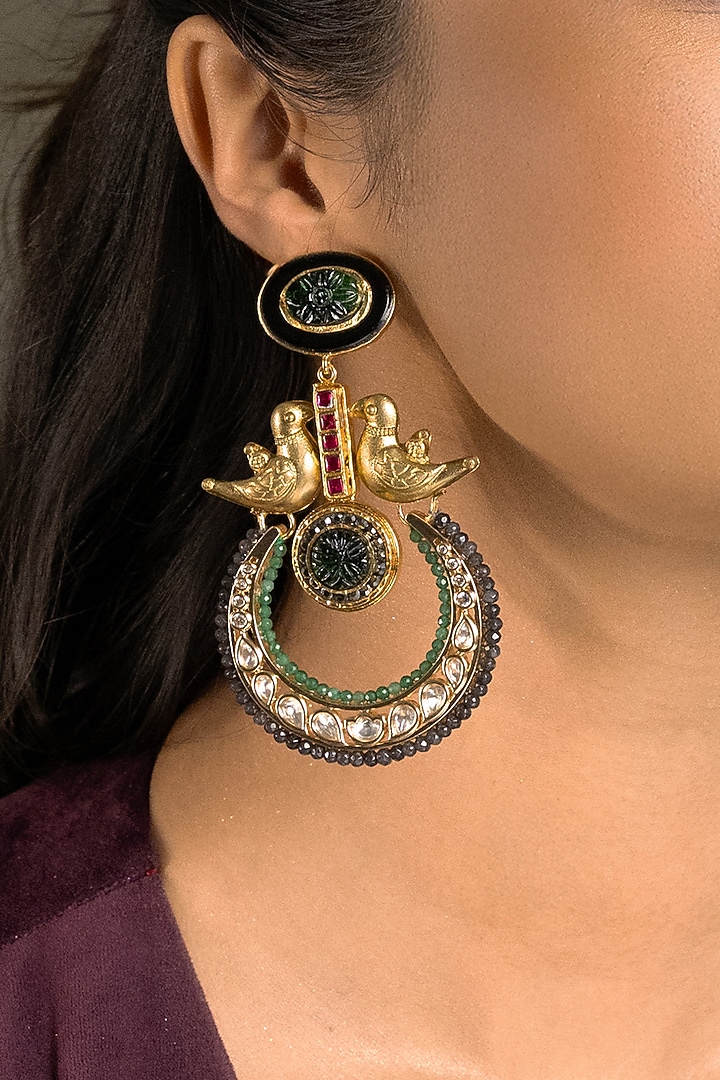 Gold Finish Kundan Polki & Green Stone Chandbali Earrings by Joules By Radhika at Pernia's Pop Up Shop