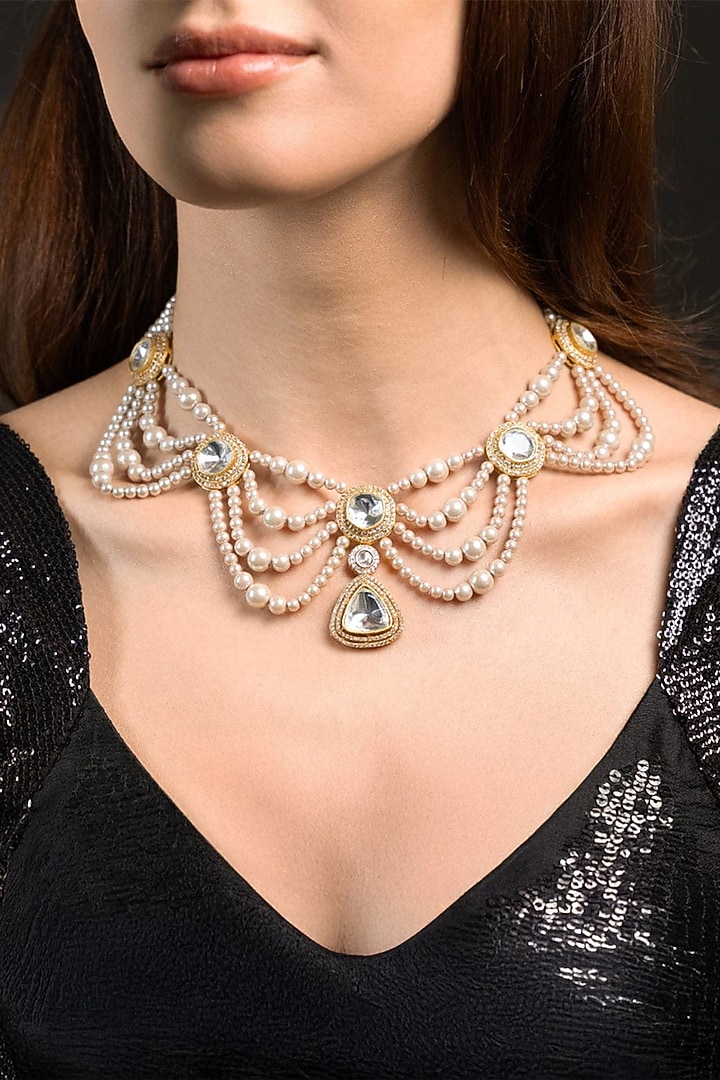 Gold Finish Kundan Polki Layered Necklace Set by Joules By Radhika at Pernia's Pop Up Shop