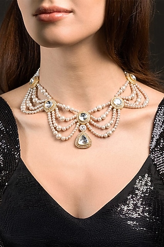 Gold Finish Kundan Polki Layered Necklace Set by Joules By Radhika