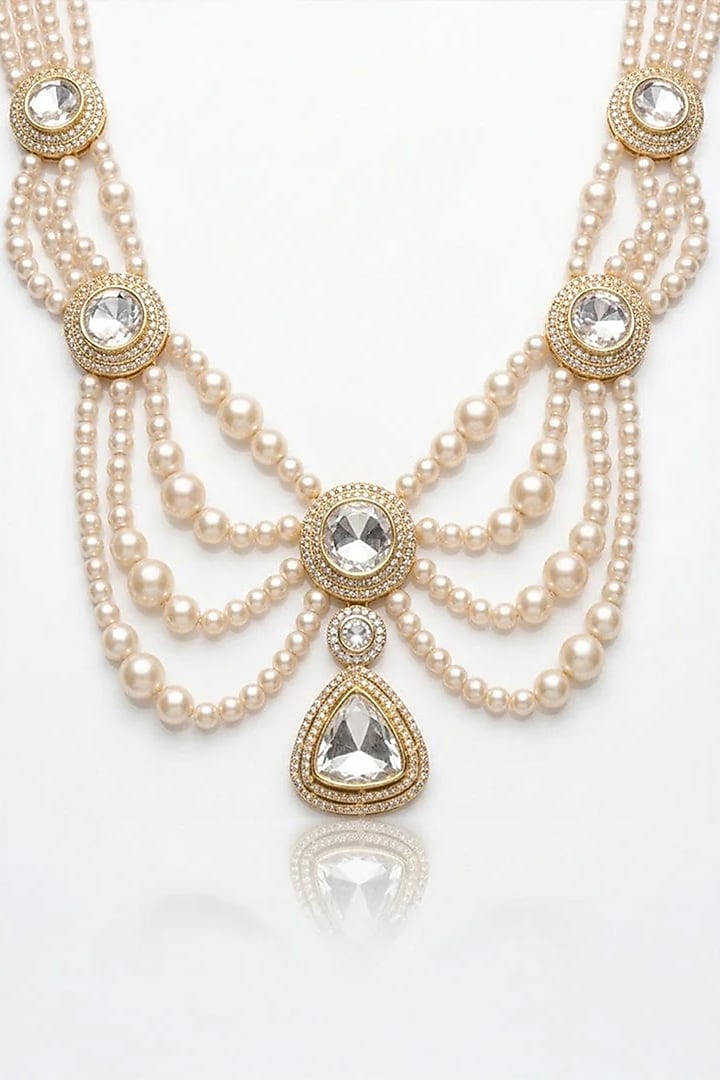 Gold Finish Kundan Polki Layered Necklace Set by Joules By Radhika at Pernia's Pop Up Shop