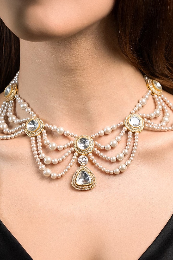 Gold Finish Kundan Polki Layered Necklace Set by Joules By Radhika at Pernia's Pop Up Shop