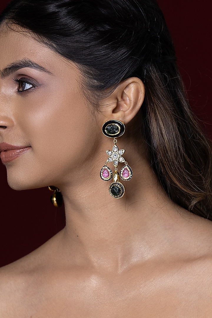 Gold Finish Kundan Polki & Multi-Colored Stone Dangler Earrings by Joules By Radhika at Pernia's Pop Up Shop
