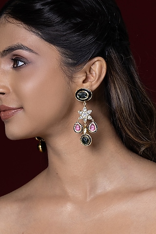 Gold Finish Kundan Polki & Multi-Colored Stone Dangler Earrings by Joules By Radhika