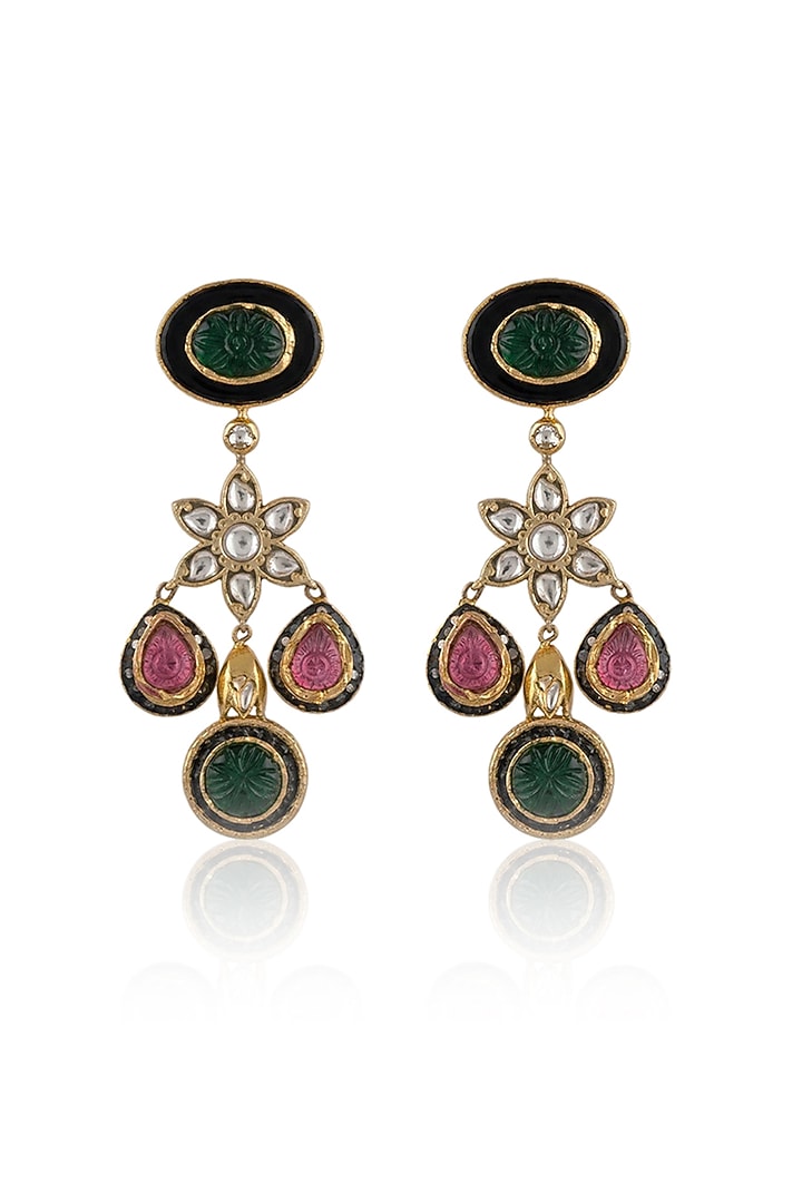 Gold Finish Kundan Polki & Multi-Colored Stone Dangler Earrings by Joules By Radhika at Pernia's Pop Up Shop