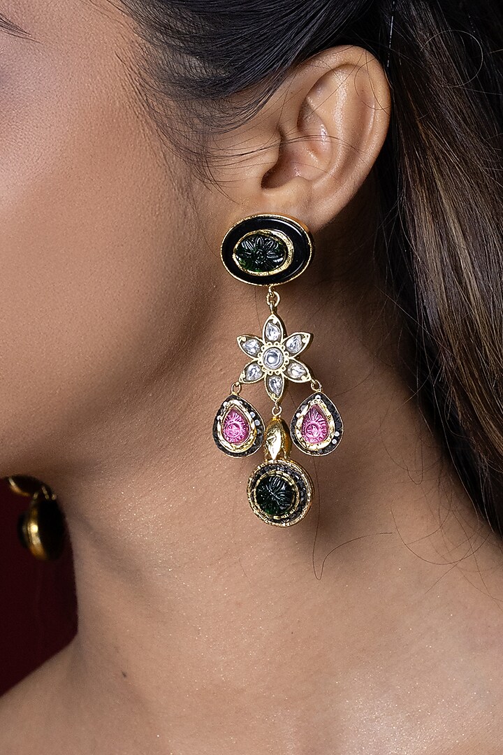 Gold Finish Kundan Polki & Multi-Colored Stone Dangler Earrings by Joules By Radhika at Pernia's Pop Up Shop