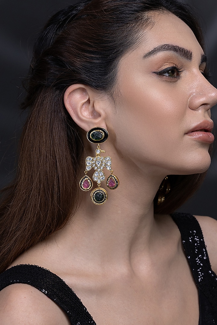 Gold Finish Kundan Polki & Multi-Colored Stone Dangler Earrings by Joules By Radhika at Pernia's Pop Up Shop