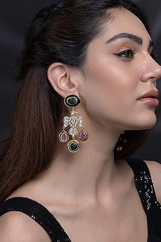 Gold Finish Kundan Polki & Multi-Colored Stone Dangler Earrings by Joules By Radhika