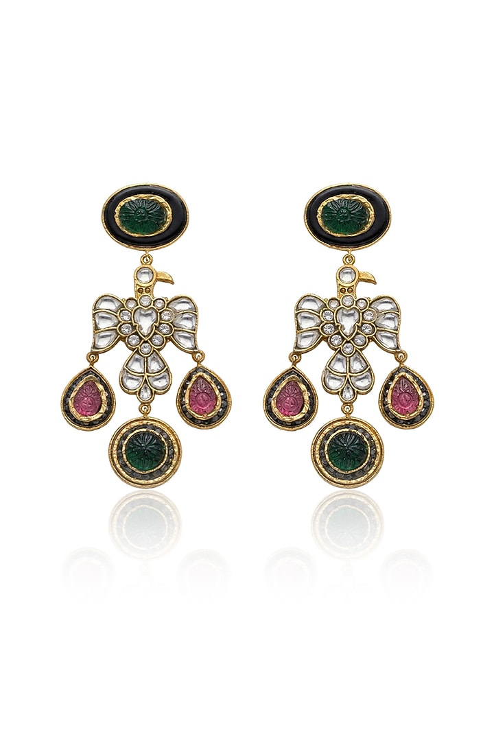 Gold Finish Kundan Polki & Multi-Colored Stone Dangler Earrings by Joules By Radhika at Pernia's Pop Up Shop