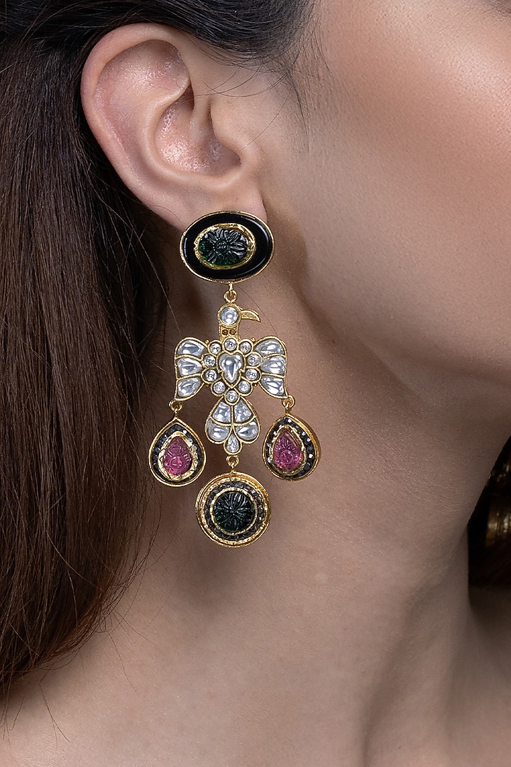 Gold Finish Kundan Polki & Multi-Colored Stone Dangler Earrings by Joules By Radhika at Pernia's Pop Up Shop