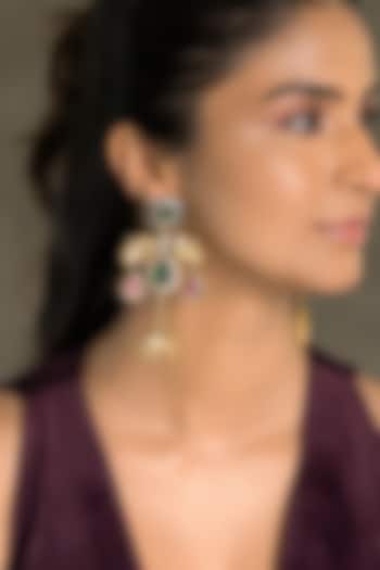 Gold Finish Kundan Polki & Multi-Colored Stone Dangler Earrings by Joules By Radhika at Pernia's Pop Up Shop