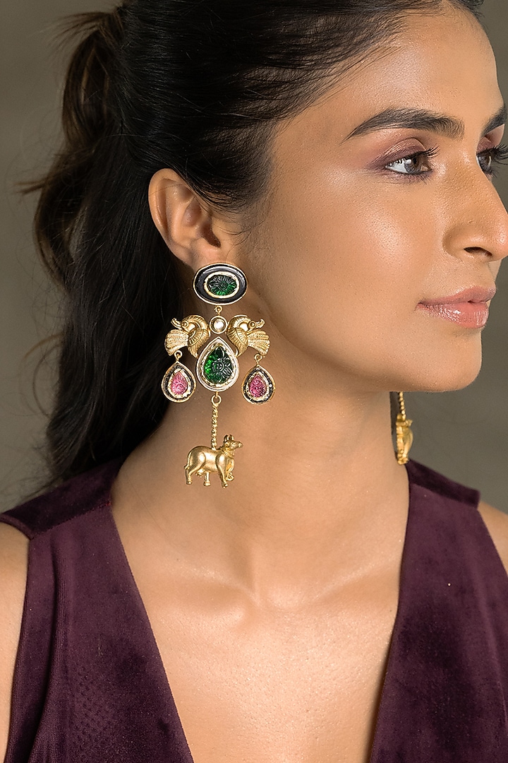 Gold Finish Kundan Polki & Multi-Colored Stone Dangler Earrings by Joules By Radhika at Pernia's Pop Up Shop