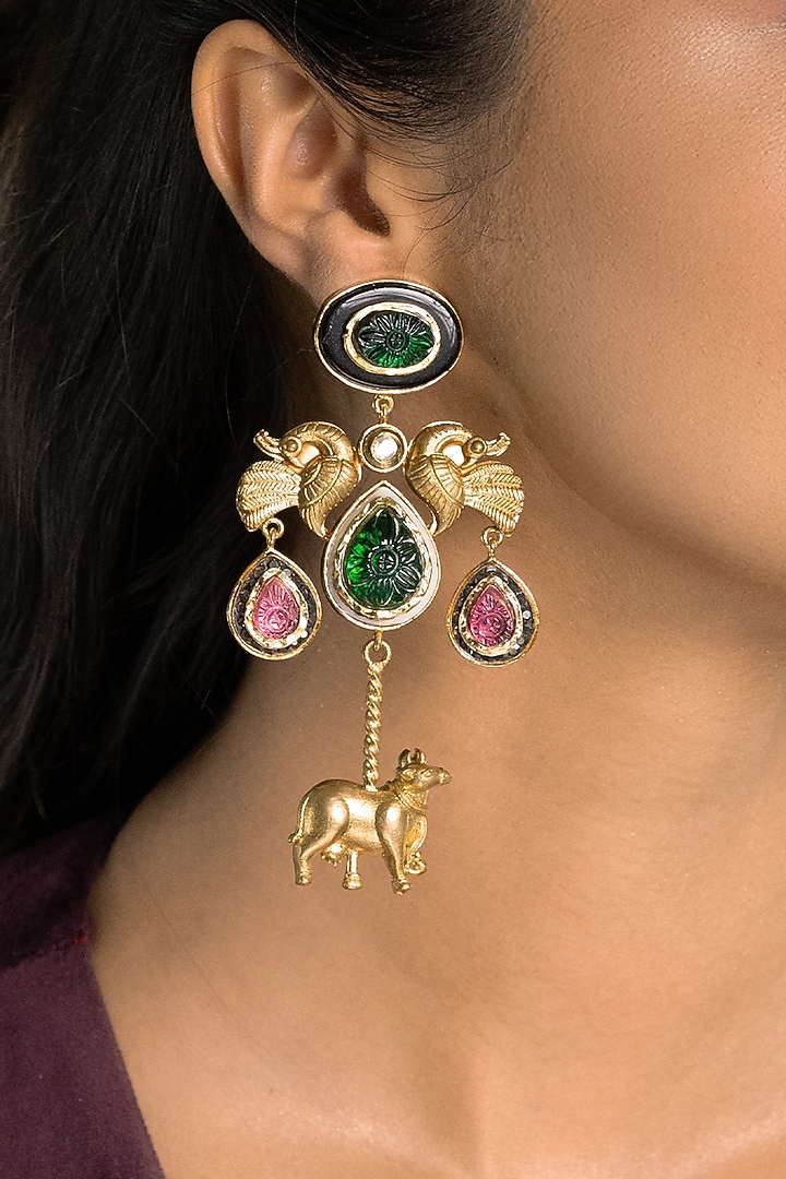 Gold Finish Kundan Polki & Multi-Colored Stone Dangler Earrings by Joules By Radhika at Pernia's Pop Up Shop