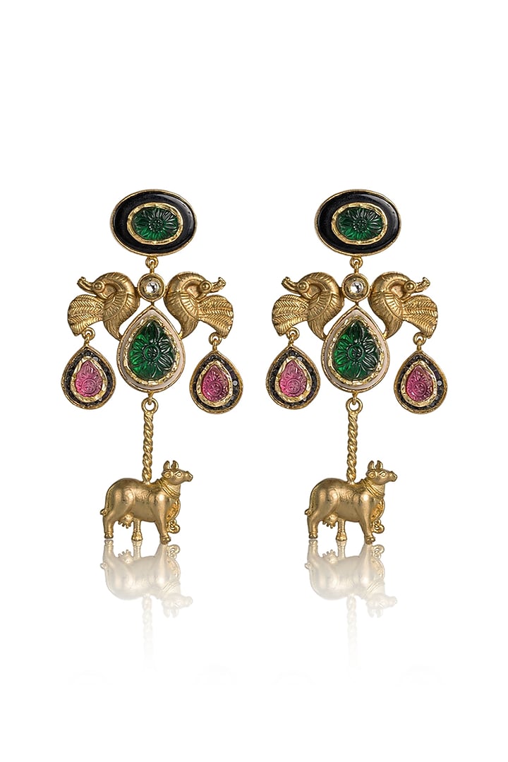 Gold Finish Kundan Polki & Multi-Colored Stone Dangler Earrings by Joules By Radhika at Pernia's Pop Up Shop