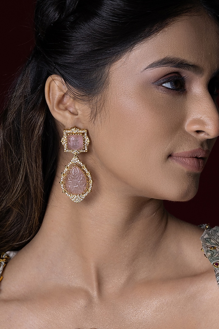 Gold Finish Kundan Polki & Pink Quartz Stone Dangler Earrings by Joules By Radhika at Pernia's Pop Up Shop