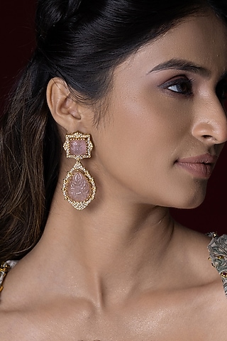 Gold Finish Kundan Polki & Pink Quartz Stone Dangler Earrings by Joules By Radhika