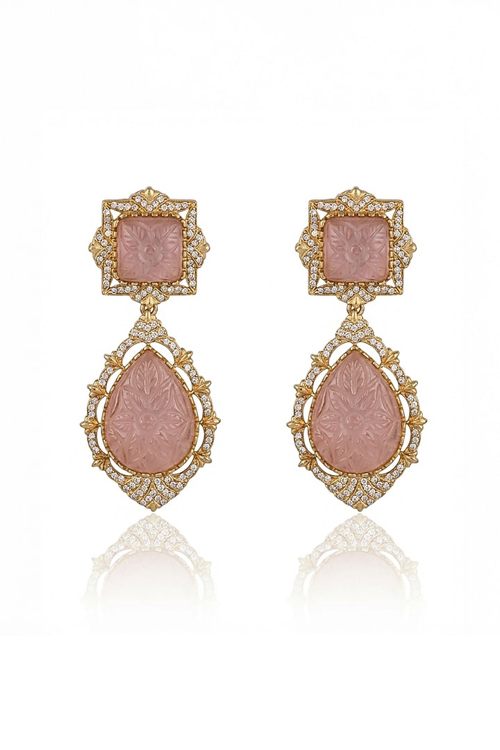 Gold Finish Kundan Polki & Pink Quartz Stone Dangler Earrings by Joules By Radhika at Pernia's Pop Up Shop