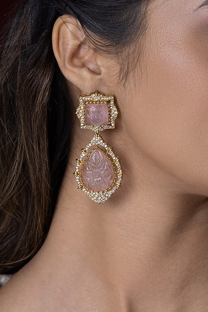 Gold Finish Kundan Polki & Pink Quartz Stone Dangler Earrings by Joules By Radhika at Pernia's Pop Up Shop