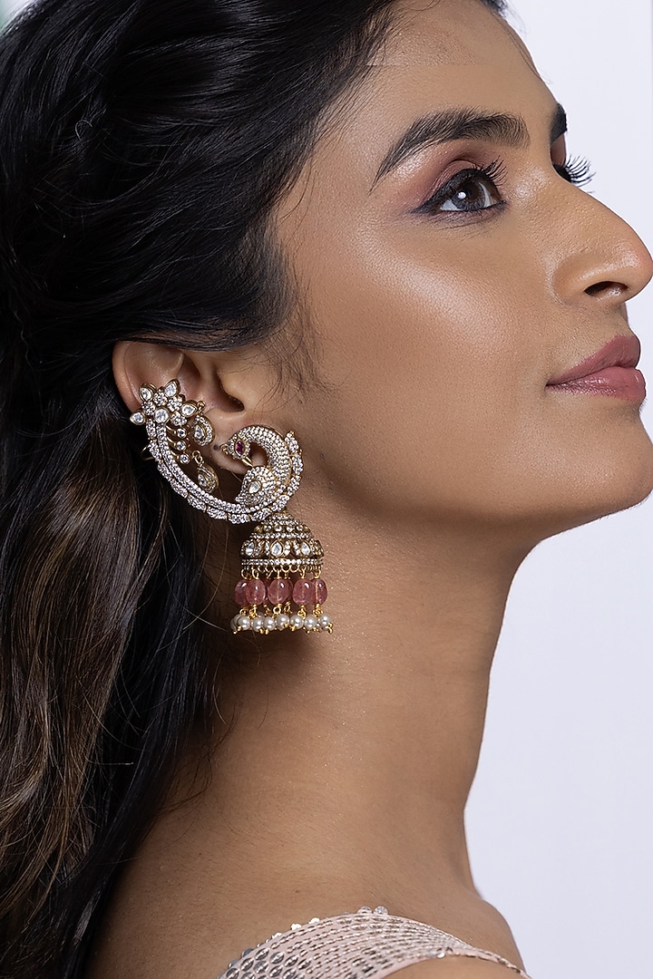 Gold Finish Kundan Polki & Pink Stone Jhumka Earrings by Joules By Radhika at Pernia's Pop Up Shop