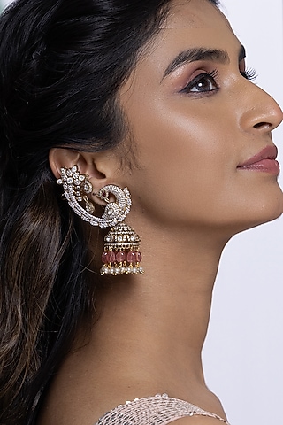 Gold Finish Kundan Polki & Pink Stone Jhumka Earrings by Joules By Radhika