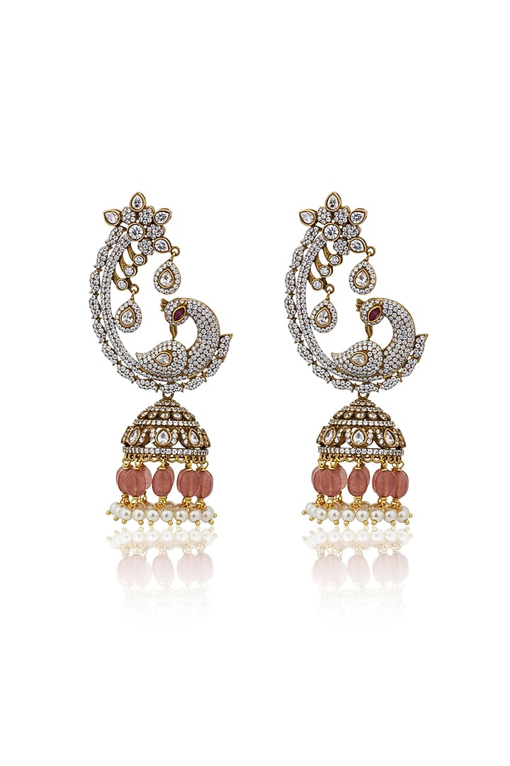 Gold Finish Kundan Polki & Pink Stone Jhumka Earrings by Joules By Radhika at Pernia's Pop Up Shop