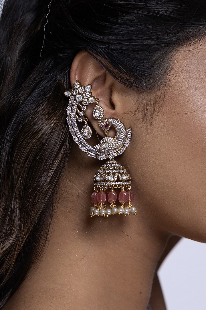 Gold Finish Kundan Polki & Pink Stone Jhumka Earrings by Joules By Radhika at Pernia's Pop Up Shop