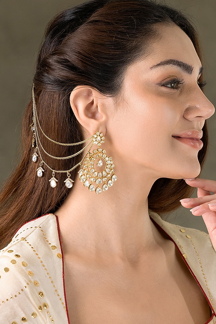 Gold Finish Kundan Polki Dangler Earchains by Joules By Radhika at Pernia's Pop Up Shop