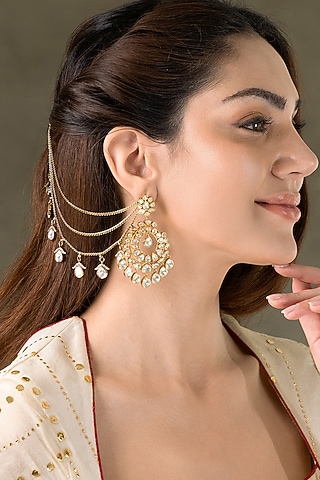 Gold Finish Kundan Polki Dangler Earchains by Joules By Radhika