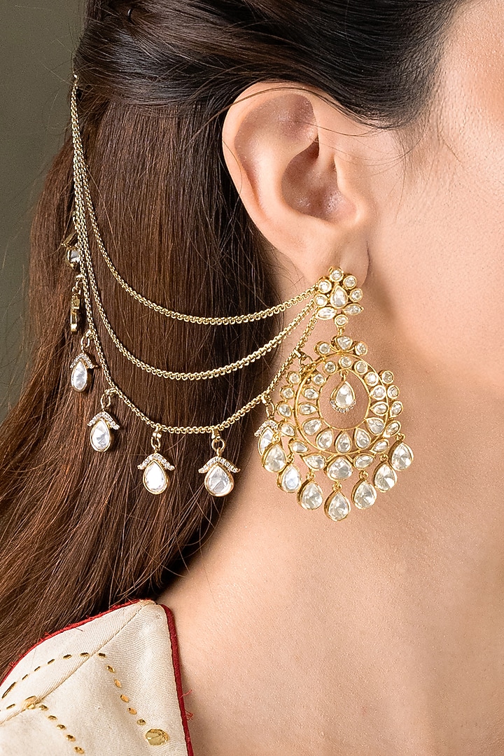 Gold Finish Kundan Polki Dangler Earchains by Joules By Radhika at Pernia's Pop Up Shop