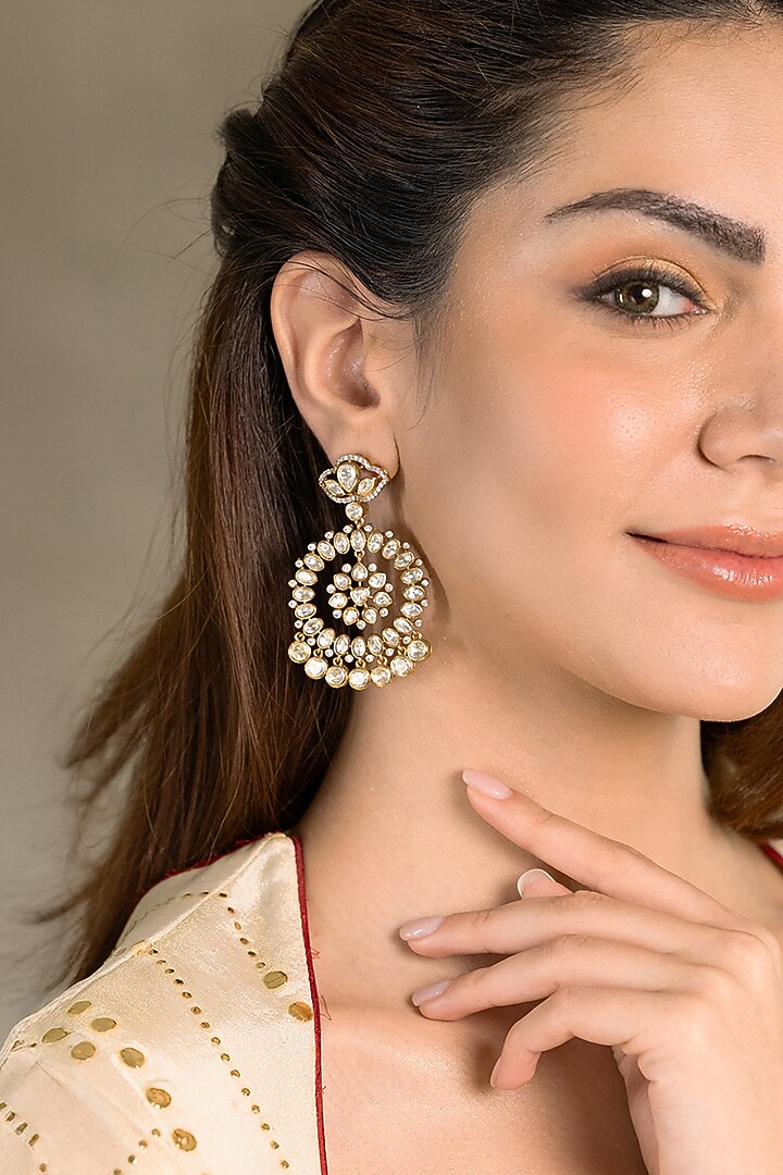 Gold Finish Kundan Polki Chandbali Earrings by Joules By Radhika at Pernia's Pop Up Shop
