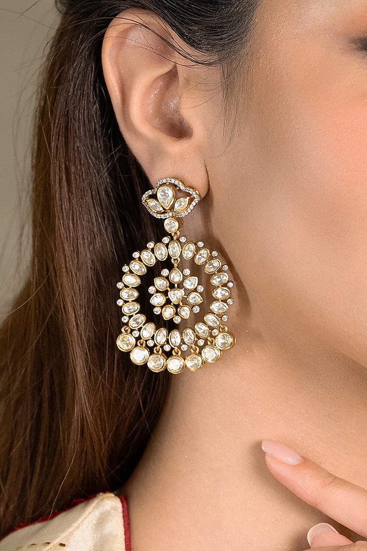 Gold Finish Kundan Polki Chandbali Earrings by Joules By Radhika at Pernia's Pop Up Shop