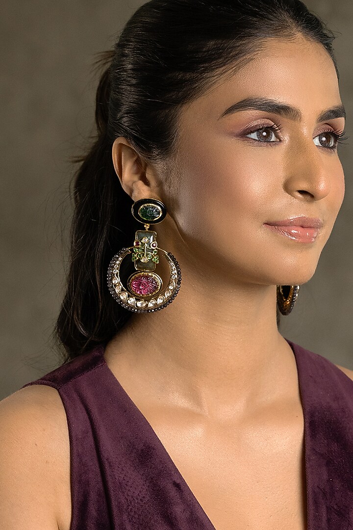 Gold Finish Kundan Polki & Pink Stone Dangler Earrings by Joules By Radhika at Pernia's Pop Up Shop