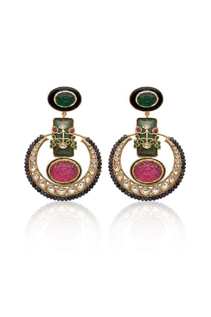 Gold Finish Kundan Polki & Pink Stone Dangler Earrings by Joules By Radhika at Pernia's Pop Up Shop