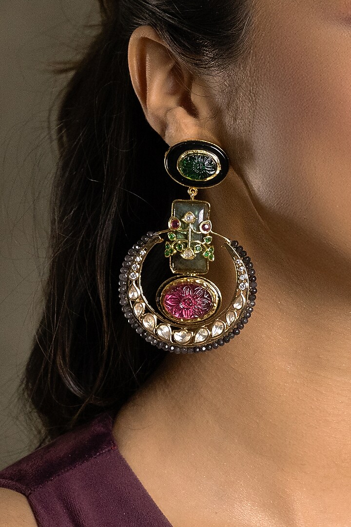 Gold Finish Kundan Polki & Pink Stone Dangler Earrings by Joules By Radhika at Pernia's Pop Up Shop