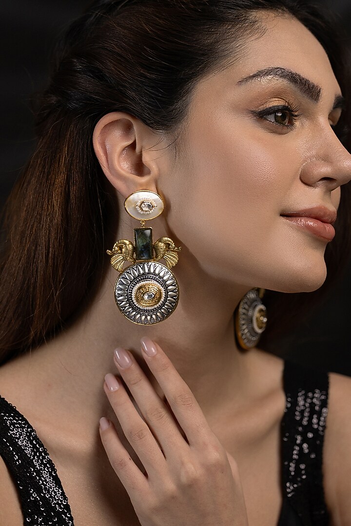 Gold Finish Green Stone Dangler Earrings by Joules By Radhika at Pernia's Pop Up Shop