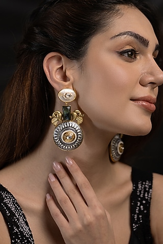 Gold Finish Green Stone Dangler Earrings by Joules By Radhika