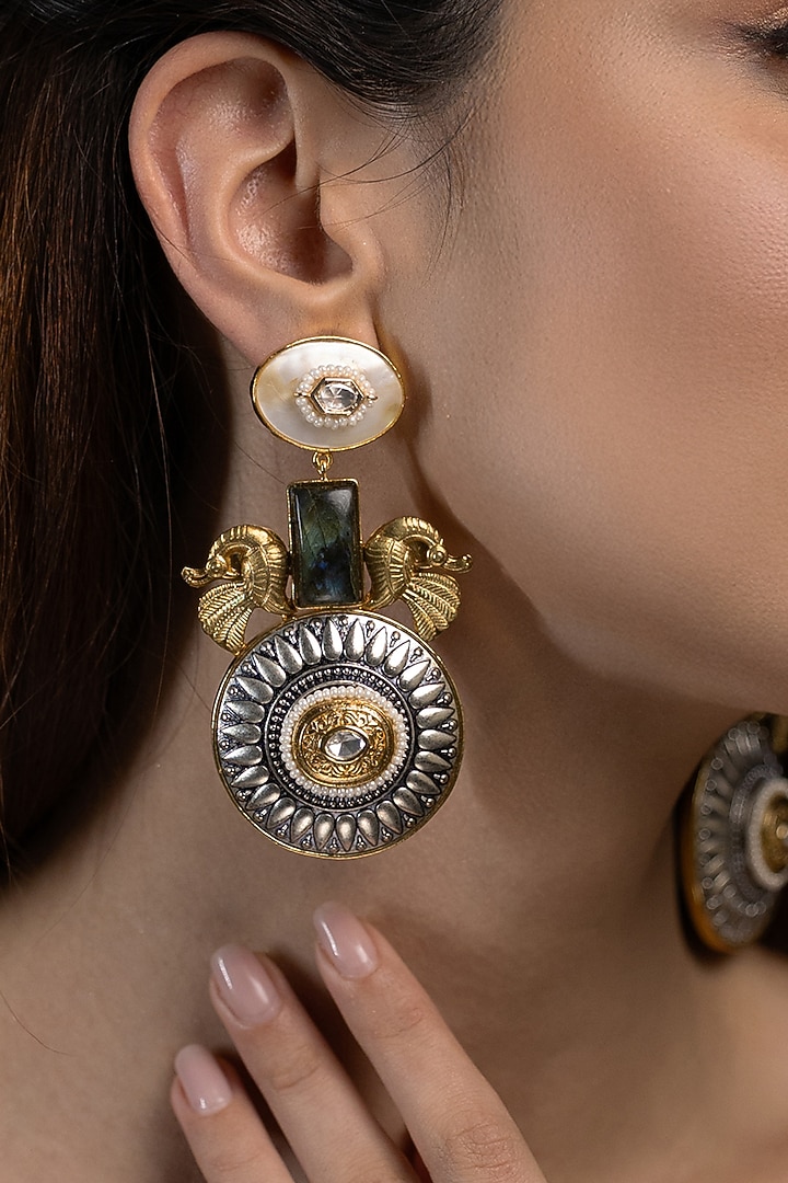 Gold Finish Green Stone Dangler Earrings by Joules By Radhika at Pernia's Pop Up Shop