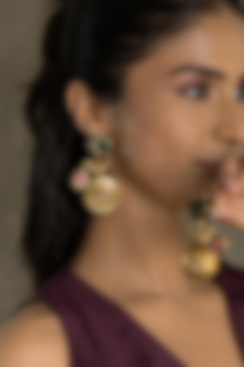 Gold Finish Pink & Green Stone Dangler Earrings by Joules By Radhika at Pernia's Pop Up Shop