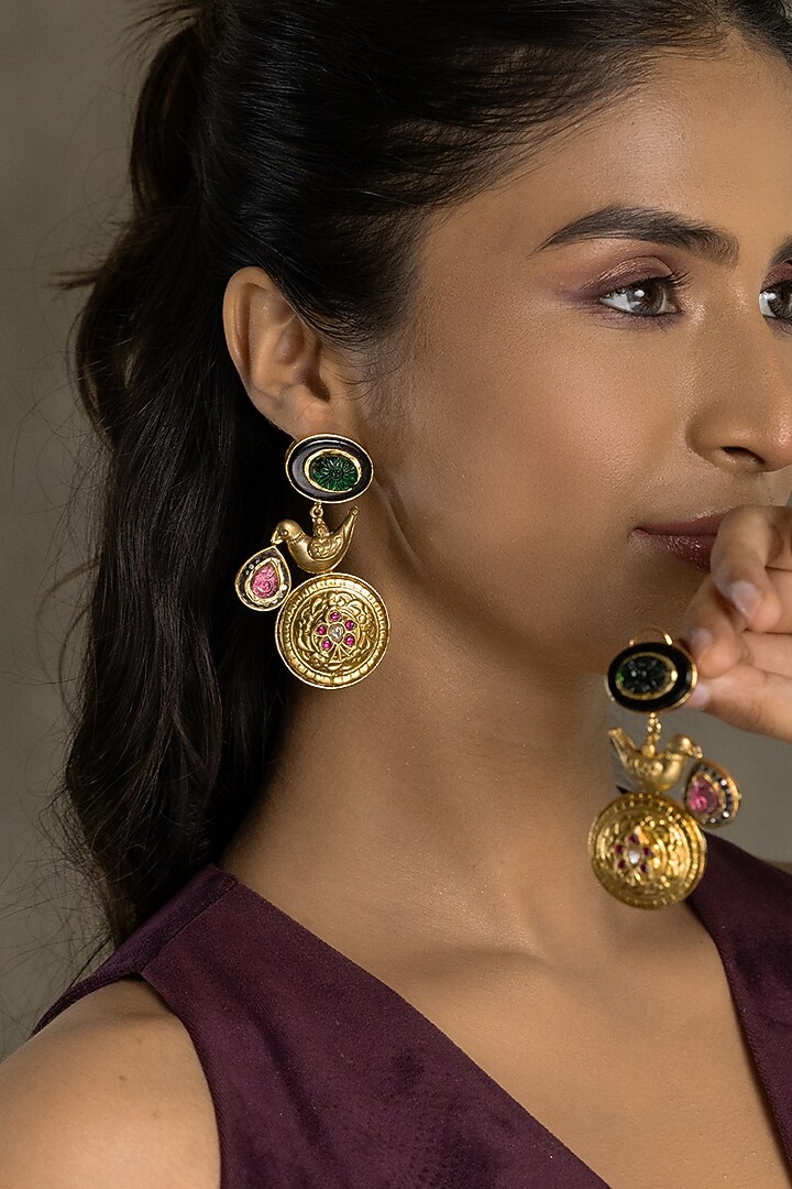 Gold Finish Pink & Green Stone Dangler Earrings by Joules By Radhika at Pernia's Pop Up Shop