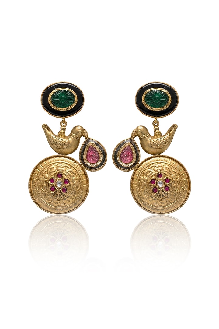 Gold Finish Pink & Green Stone Dangler Earrings by Joules By Radhika at Pernia's Pop Up Shop