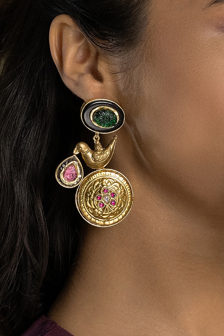 Gold Finish Pink & Green Stone Dangler Earrings by Joules By Radhika at Pernia's Pop Up Shop
