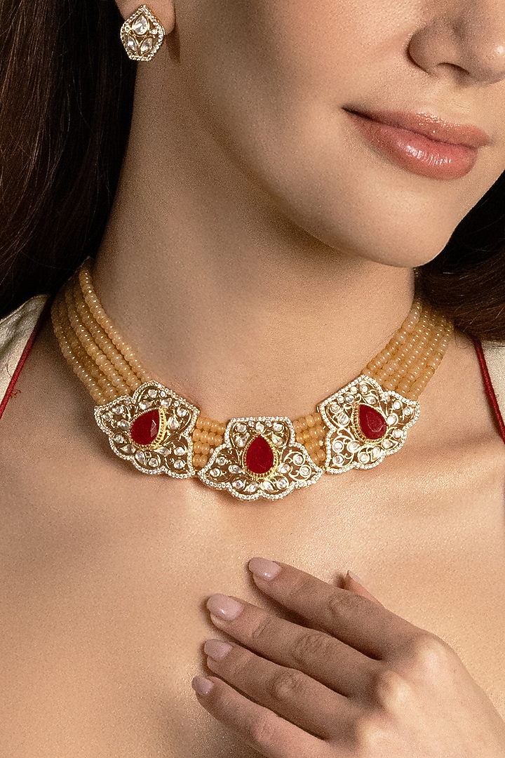 Gold Finish Red Stone & Yellow Beaded Necklace Set by Joules By Radhika at Pernia's Pop Up Shop