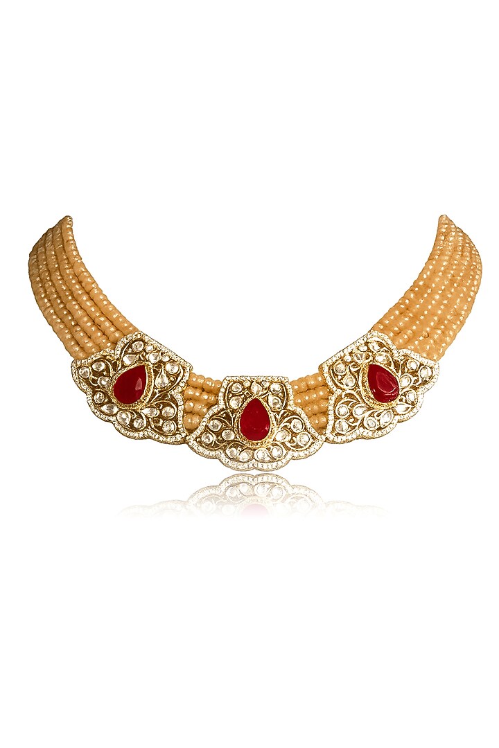 Gold Finish Red Stone & Yellow Beaded Necklace Set by Joules By Radhika at Pernia's Pop Up Shop