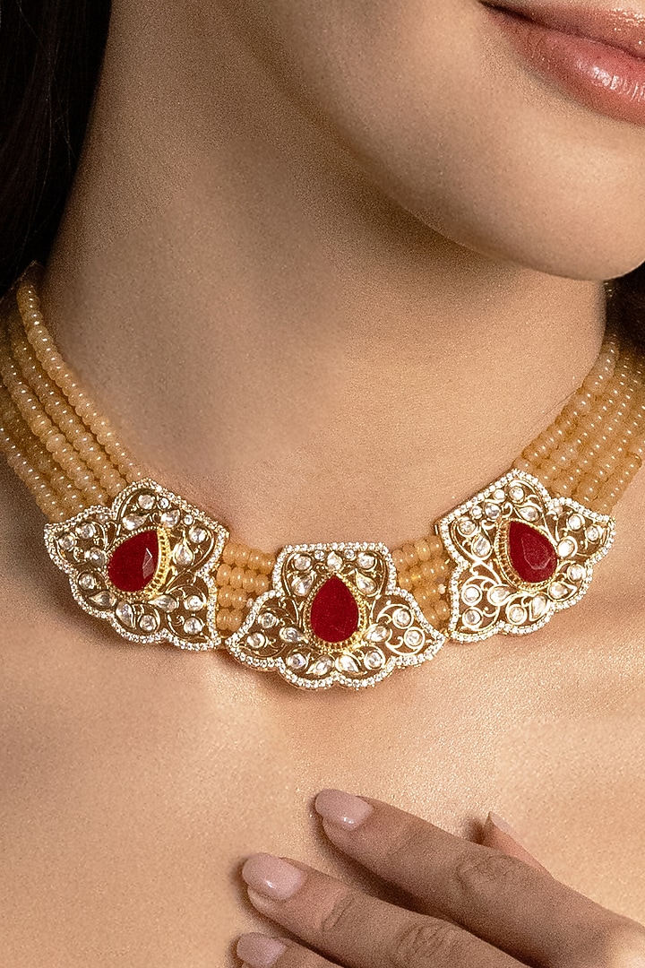 Gold Finish Red Stone & Yellow Beaded Necklace Set by Joules By Radhika at Pernia's Pop Up Shop