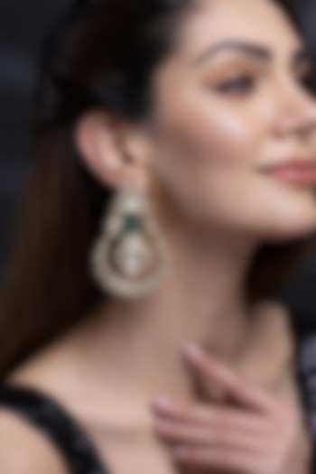 Gold Finish Kundan Polki & Green Beaded Dangler Earrings by Joules By Radhika at Pernia's Pop Up Shop